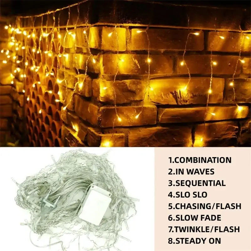 Warm golden outdoor christmas waterfall lights outdoor curtain string