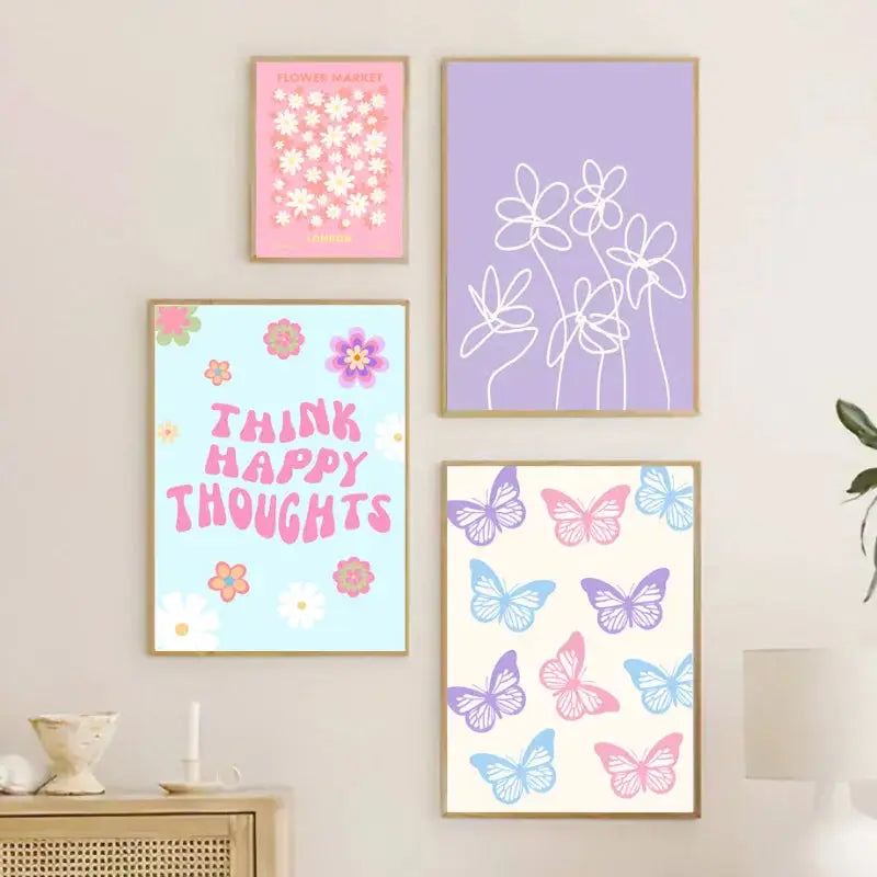 Pastel rainbow and checkered smiley flower wall art nursery decor