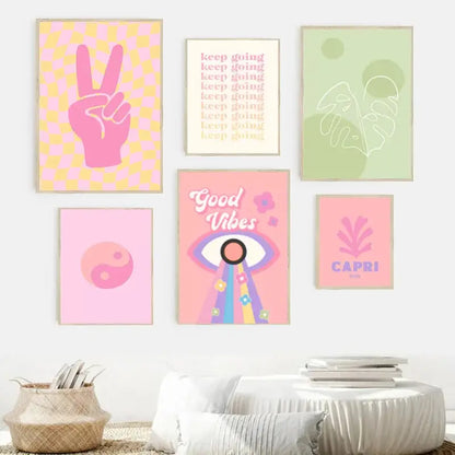 Pastel rainbow and checkered smiley flower wall art nursery decor