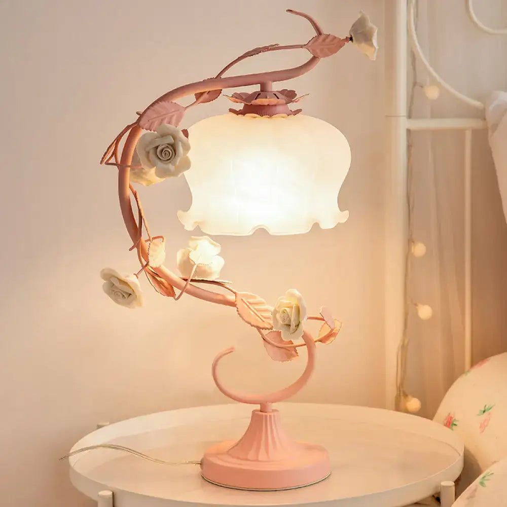 Pastoral white glass table lamp with ceramic rose bedroom light