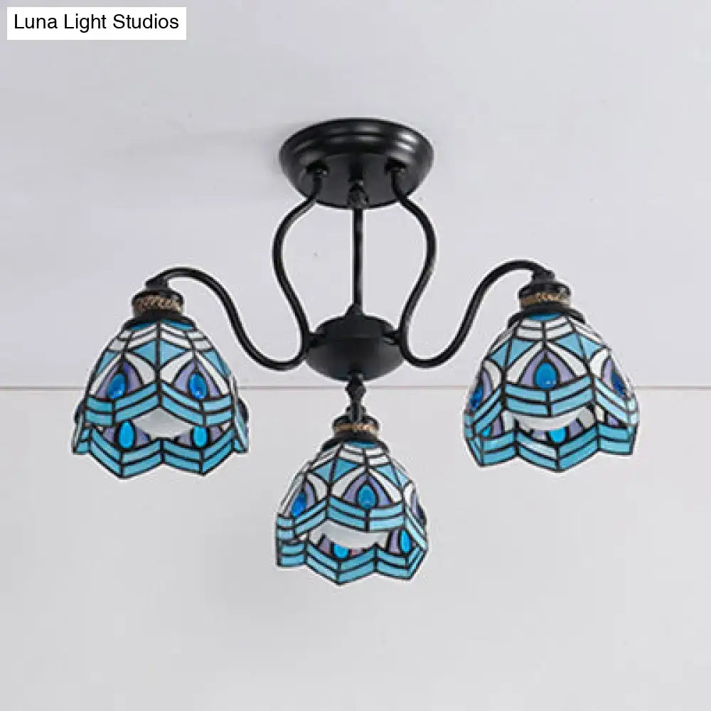 Traditional peacock stained glass semi flush light – dining room