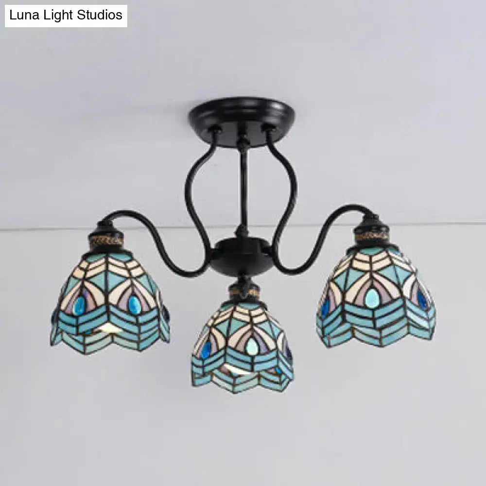 Traditional peacock stained glass semi flush light – dining room