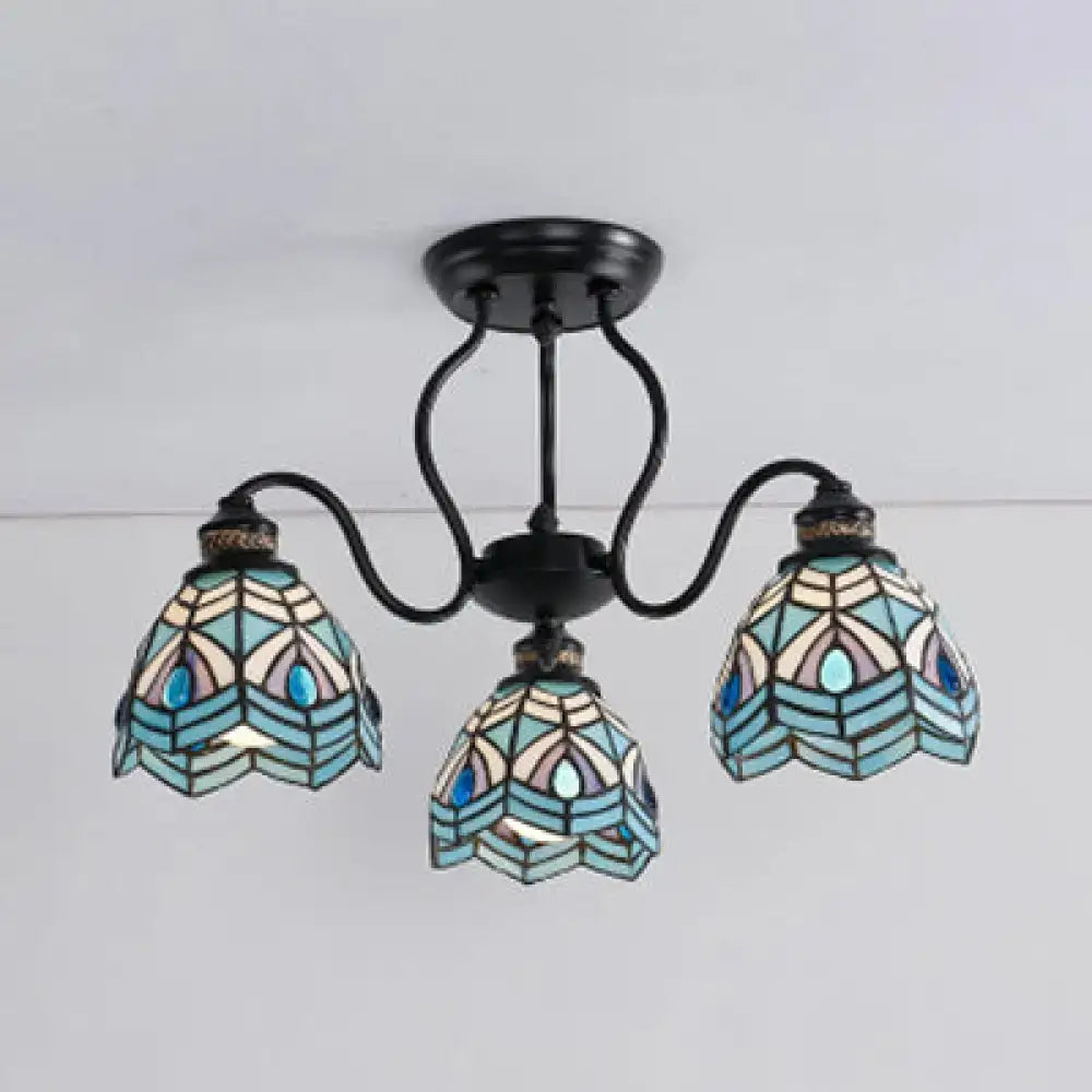 Traditional peacock stained glass semi flush light – dining room