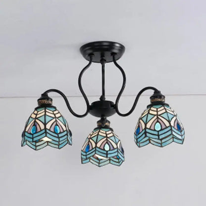 Traditional peacock stained glass semi flush light – dining room