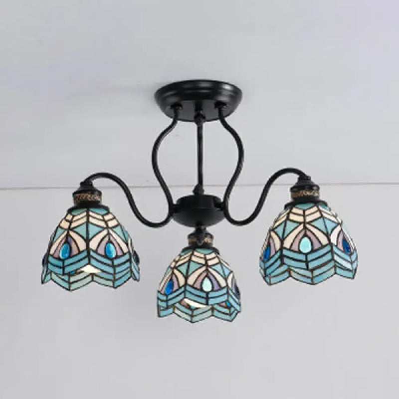 Traditional peacock stained glass semi flush light – dining room