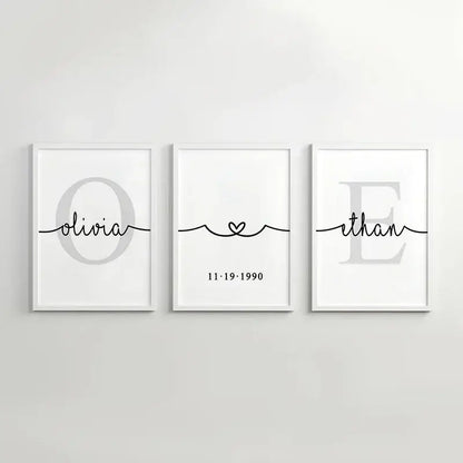 Minimalist black and gray personalized set wall art for bedroom