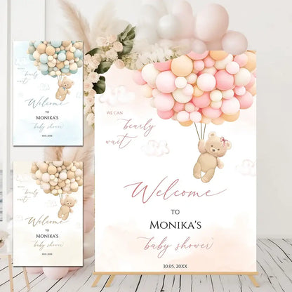 Teddy bear pastel pink & cream baby shower welcome sign party decor