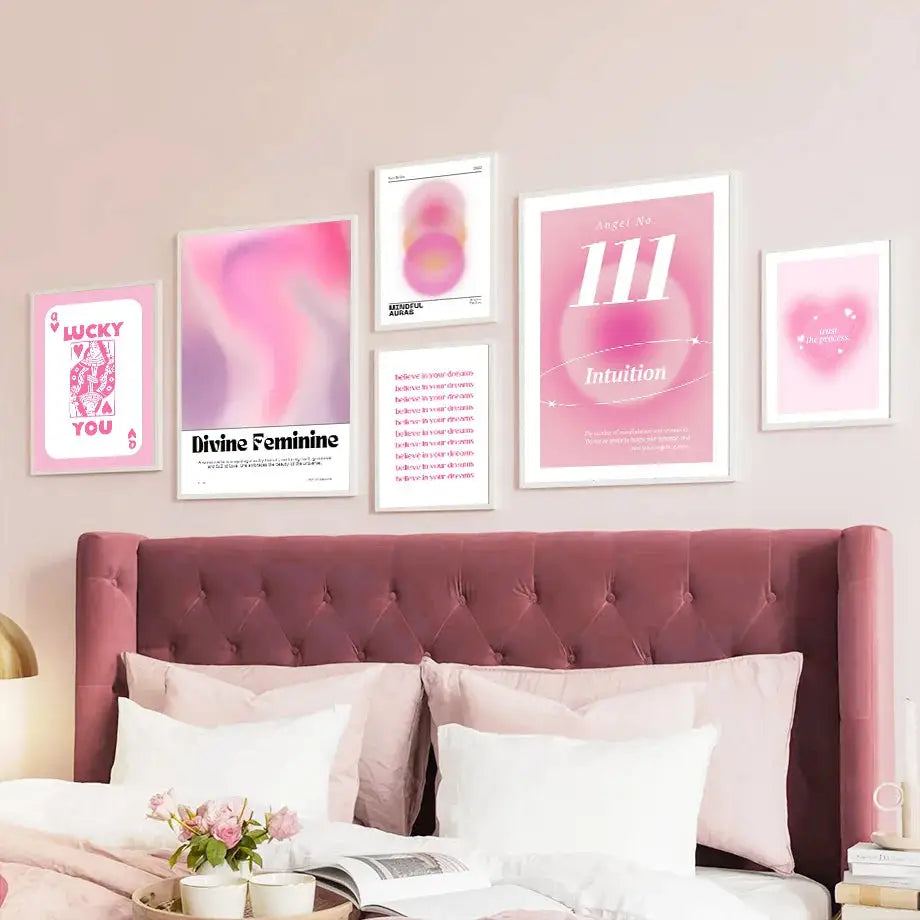 Minimalist pink angel number framed art set bedroom gallery wall art