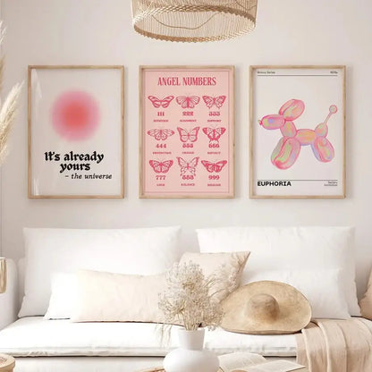 Minimalist pink angel number framed art set bedroom gallery wall art