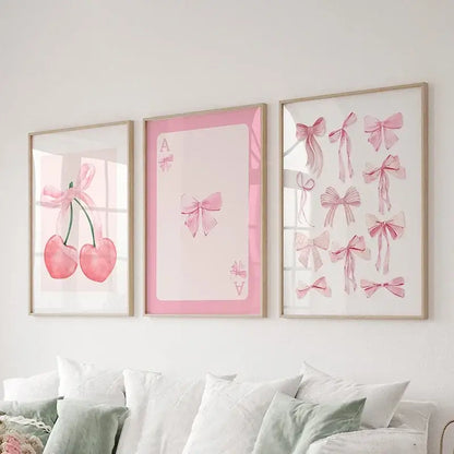Watercolor pink bows and cherries art set bedroom wall art