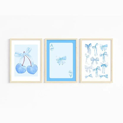 Watercolor pink bows and cherries art set bedroom wall art