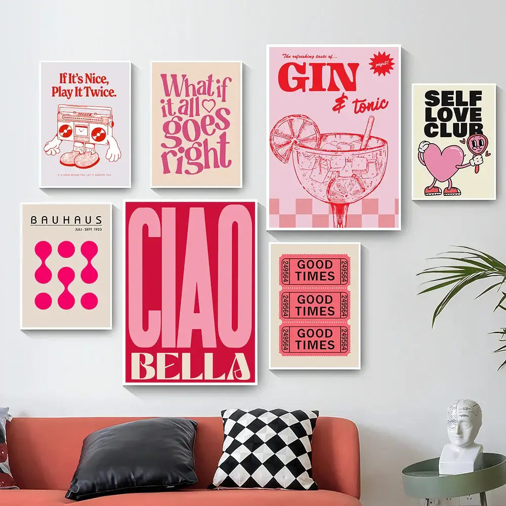 Modern ciao bella pink cartoon print canvas – bedroom wall art