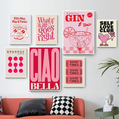 Modern ciao bella pink cartoon print canvas – bedroom wall art
