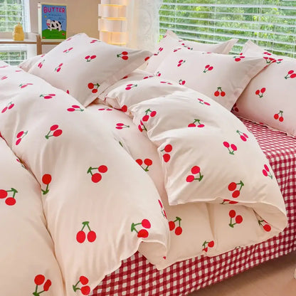 Pink & cream floral satin bedding set bedroom rose pattern