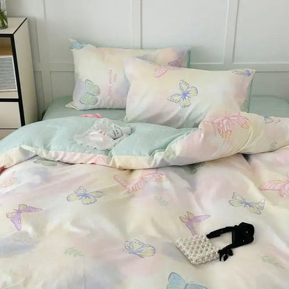 Pink & cream floral satin bedding set bedroom rose pattern