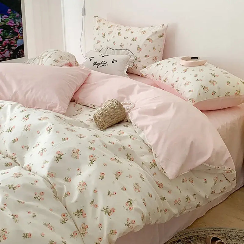 Pink & cream floral satin bedding set bedroom rose pattern