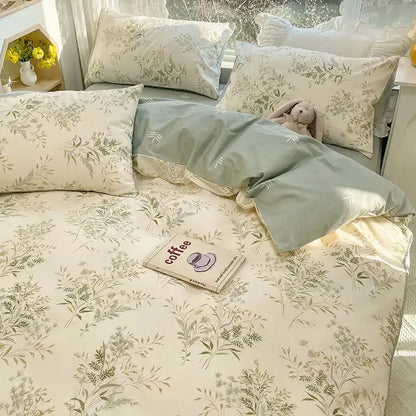 Pink & cream floral satin bedding set bedroom rose pattern