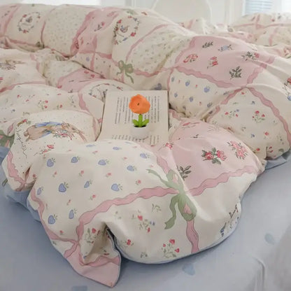 Quilted pink & white flowers duvet cover set bedroom bedding