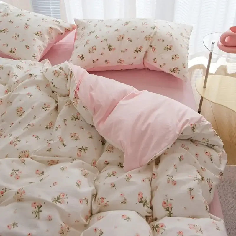 Quilted pink & white flowers duvet cover set bedroom bedding