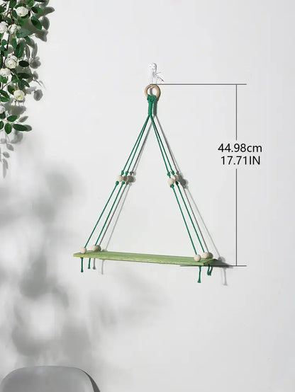 Boho pink green wooden macrame hanging shelf for kids room