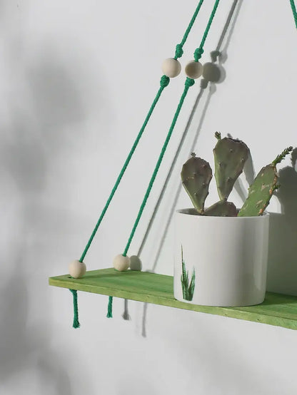 Boho pink green wooden macrame hanging shelf for kids room