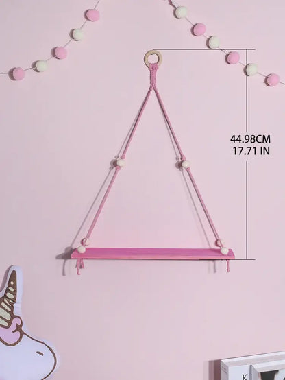 Boho pink green wooden macrame hanging shelf for kids room