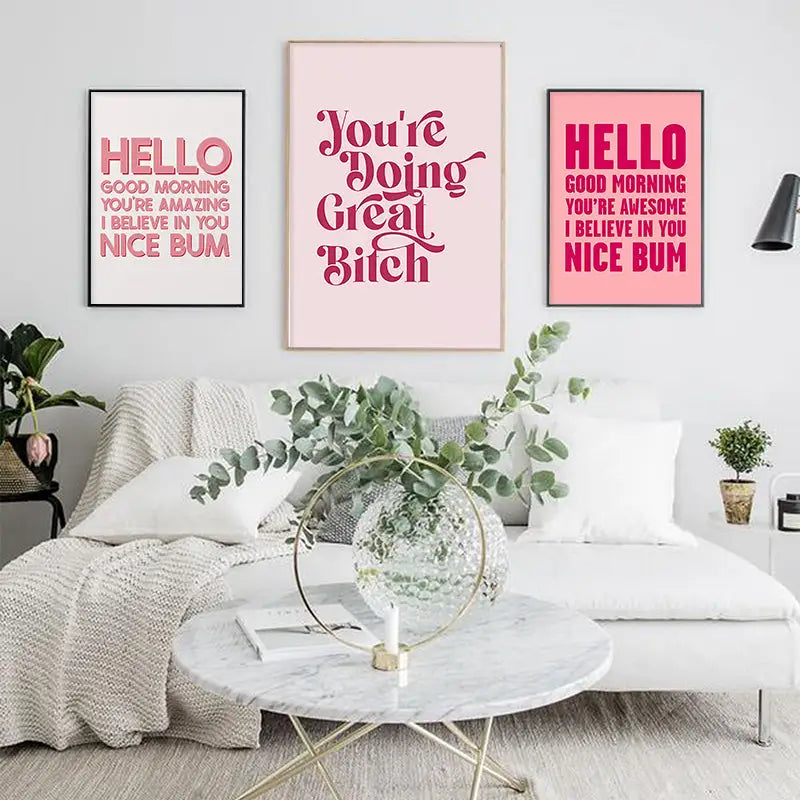 Funny pink quote art poster set bedroom motivational wall decor
