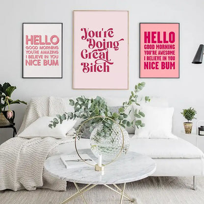 Funny pink quote art poster set bedroom motivational wall decor
