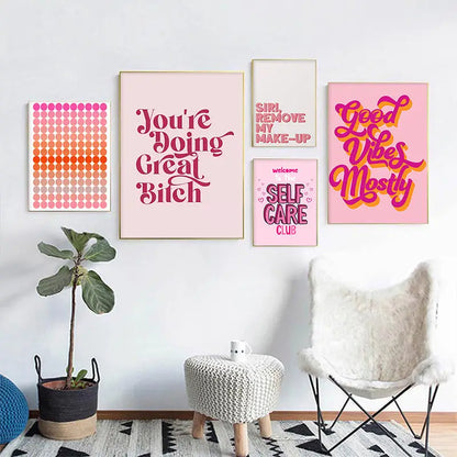 Funny pink quote art poster set bedroom motivational wall decor
