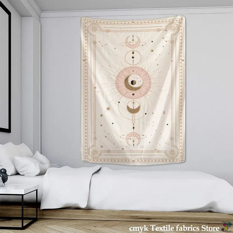 Pink planet tarot celestial tapestry cream and gold bedroom wall art