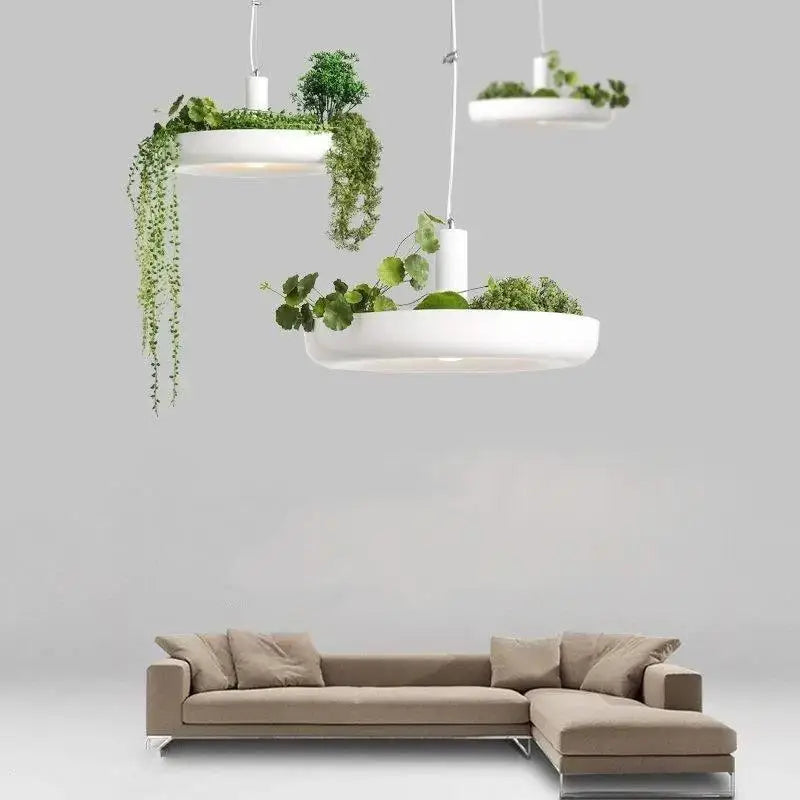 Modern white circular planter pendant lighting living room decor