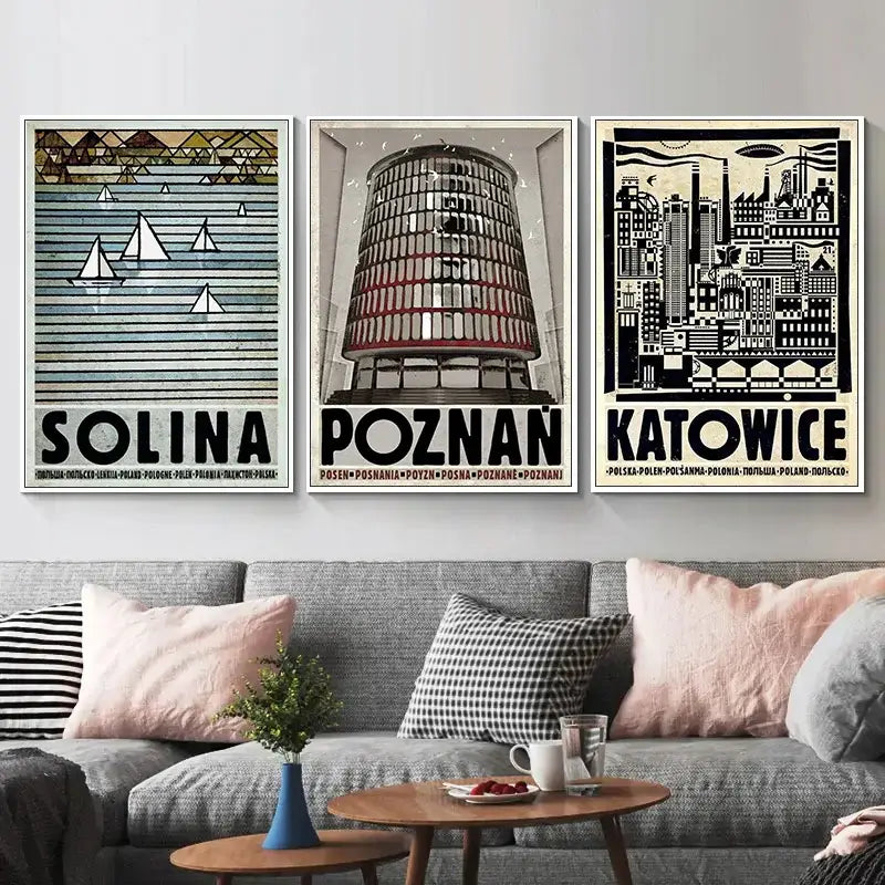 Vintage poland city śnieżka moon canvas wall art living room decor