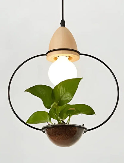 Modern wood and black pendant planter light dining room