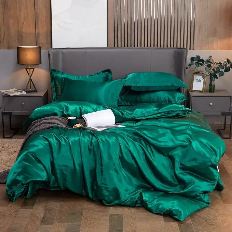 Lush emerald green satin duvet cover bedroom bed sheet set
