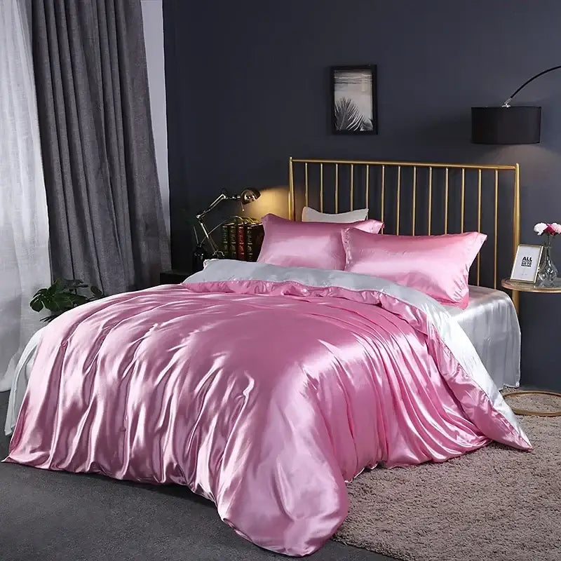 Pink satin duvet cover set with silver accent – bedroom bed sheet