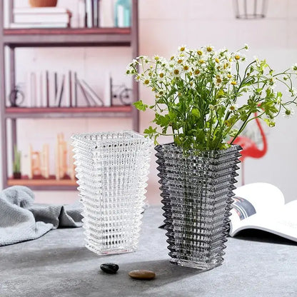 Geometric ribbed clear & dark gray crystal glass vase living room decor