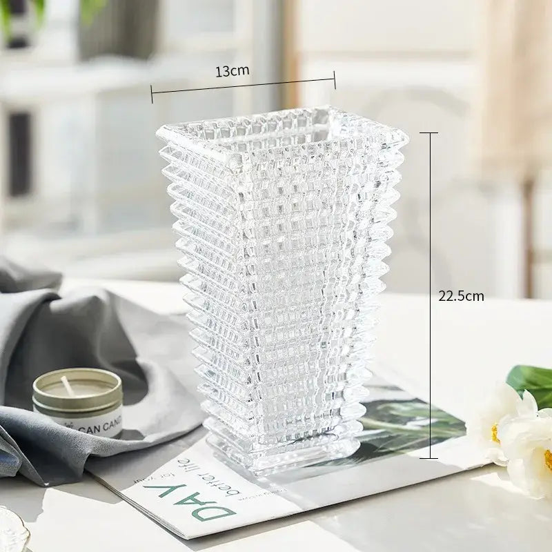 Geometric ribbed clear & dark gray crystal glass vase living room decor