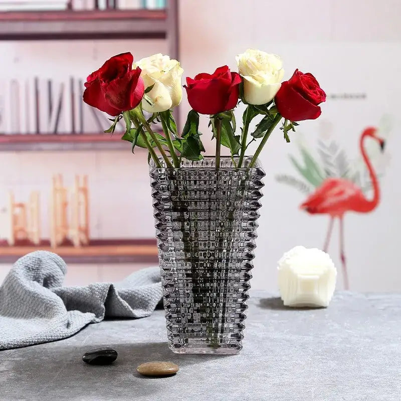 Geometric ribbed clear & dark gray crystal glass vase living room decor
