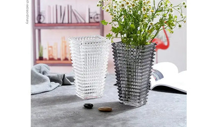 Geometric ribbed clear & dark gray crystal glass vase living room decor