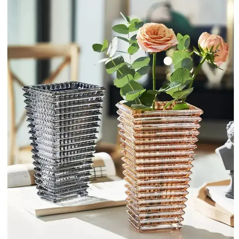 Geometric ribbed clear & dark gray crystal glass vase living room decor