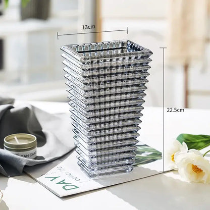 Geometric ribbed clear & dark gray crystal glass vase living room decor