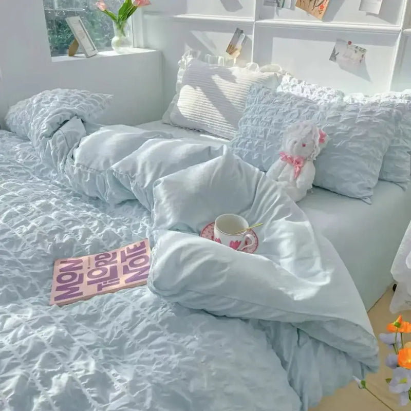 French style light blue princess bedding set bedroom ruched cotton