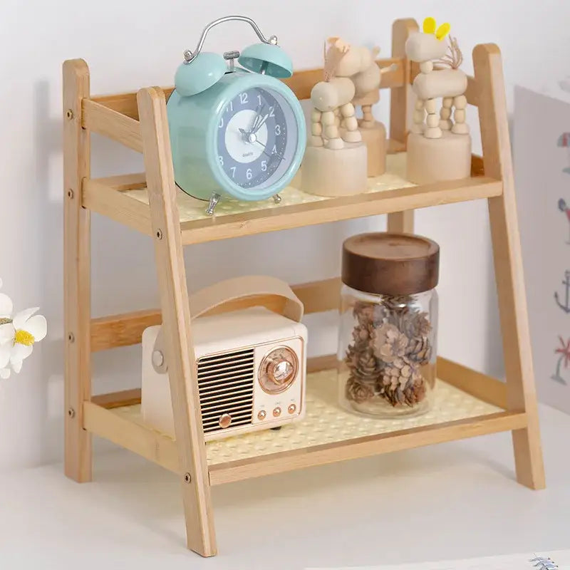 Boho light wood rattan 2-tier desktop organizer shelf bedroom storage