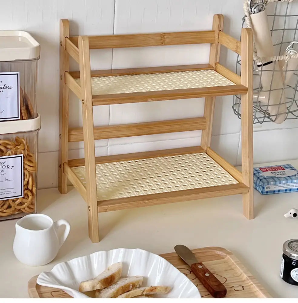 Boho light wood rattan 2-tier desktop organizer shelf bedroom storage