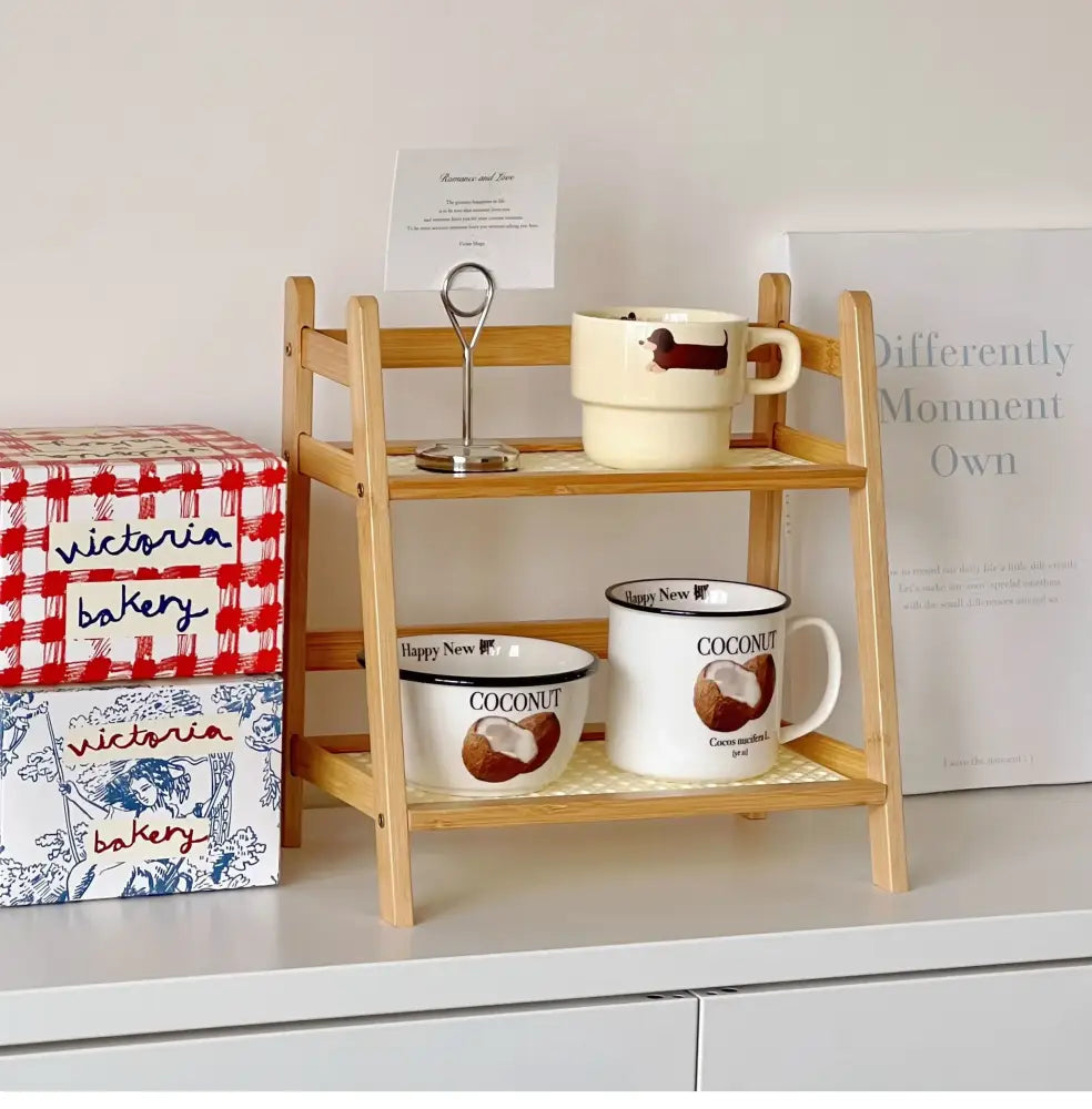 Boho light wood rattan 2-tier desktop organizer shelf bedroom storage