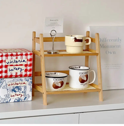 Boho light wood rattan 2-tier desktop organizer shelf bedroom storage