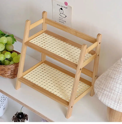 Boho light wood rattan 2-tier desktop organizer shelf bedroom storage