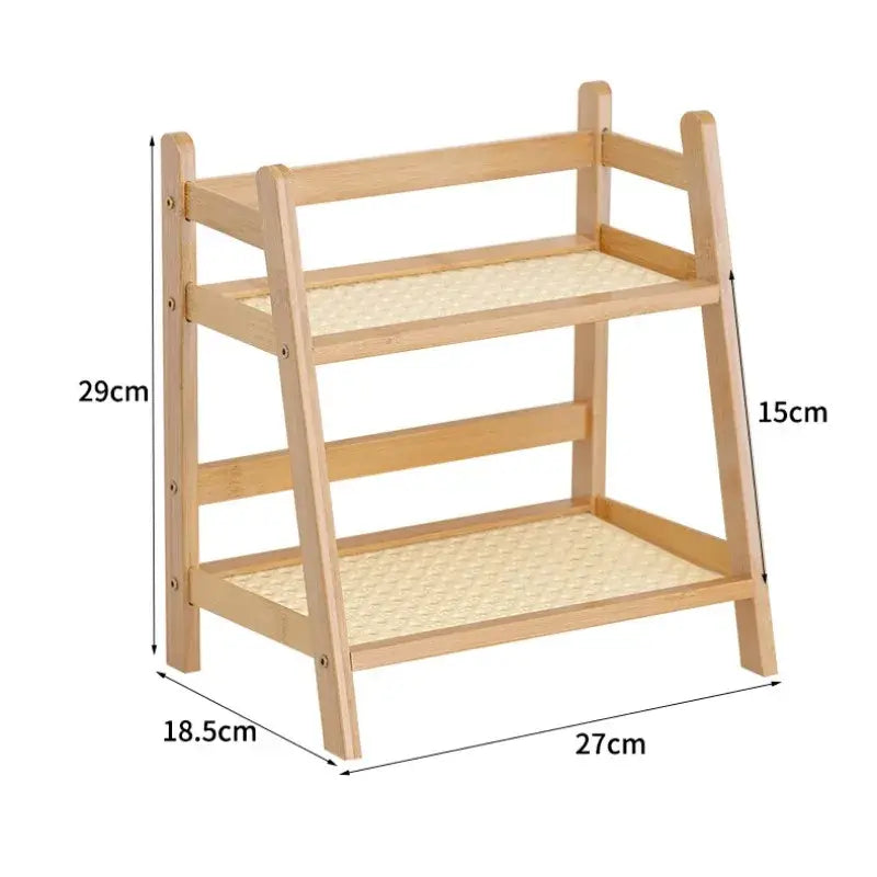 Boho light wood rattan 2-tier desktop organizer shelf bedroom storage