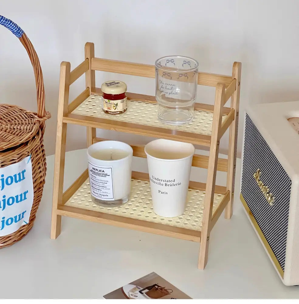 Boho light wood rattan 2-tier desktop organizer shelf bedroom storage