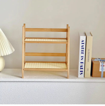 Boho light wood rattan 2-tier desktop organizer shelf bedroom storage